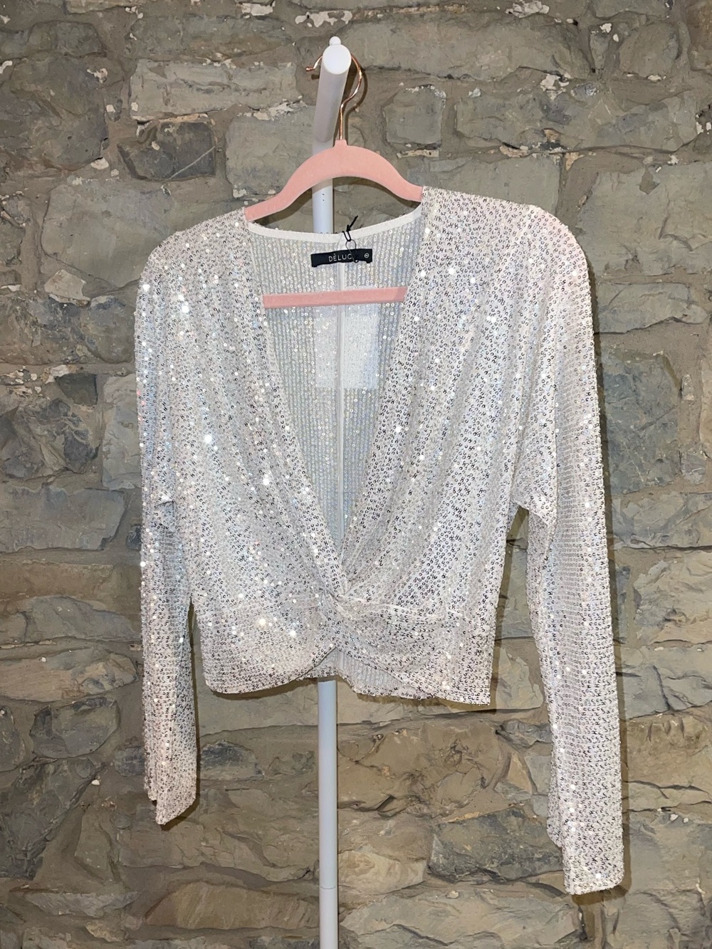Deluc White Sequin Long-Sleeve Cropped Twist Front Top